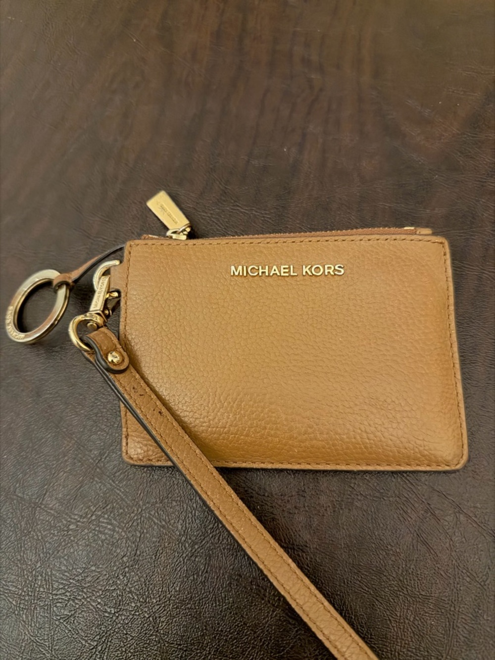 Michael Kors Camel/Tan Pebbled Leather Wristlet Card Holder with Gold Hardware